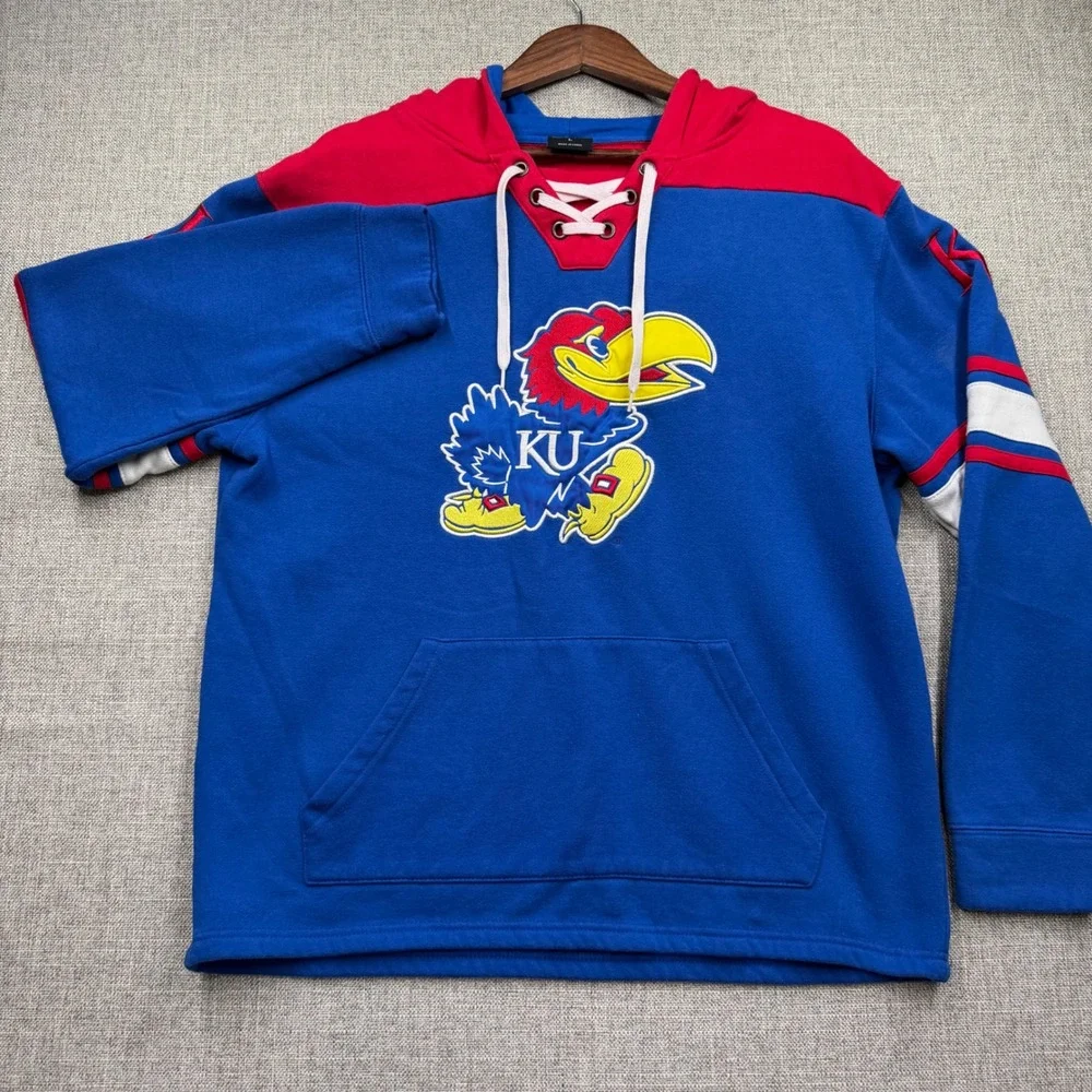 Colosseum Kansas Jayhawks Mens Large Blue Red Lace Up Hoodie NCAA KU Sweatshirt